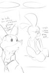  anthro big_ears canine comic dialogue disney duo english_text female fox judy_hopps lagomorph male mammal monochrome nick_wilde rabbit rear_view sitting sketch text torinsangel zootopia 