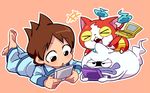  &gt;_&lt; :o amano_keita bad_id bad_pixiv_id barefoot brown_hair cat closed_eyes fangs ghost handheld_game_console haramaki jibanyan lying multiple_tails nintendo_3ds notched_ear on_stomach open_mouth pajamas purple_lips sakiko_(gekiama) short_hair simple_background tail two_tails watch whisper_(youkai_watch) wristwatch youkai youkai_watch youkai_watch_(object) 