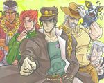  bad_id bad_pixiv_id beard black_hair blue_eyes chain dark_skin dark_skinned_male dog earrings facial_hair gakuran gloves green_eyes grey_hair hand_in_pocket hat headband iggy_(jojo) jean_pierre_polnareff jewelry jojo_no_kimyou_na_bouken kakyouin_noriaki kuujou_joutarou mohammed_avdol multiple_boys necklace no_eyebrows orange_eyes pekotai_(caricature1104) pointing purple_eyes red_hair school_uniform sharp_teeth sweatdrop teeth v white_gloves wristband 