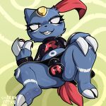 1:1 2026 2_fingers 2_toes anthro anus anus_peek artist_name biped black_bottomwear black_clothing black_eyebrows black_nose black_short black_skirt black_thong black_underwear blue_anus blue_body blue_fur bottomwear bulge claw_fingers claws clothed clothed_anthro clothed_male clothing detailed_bulge digital_media_(artwork) eyebrows eyelashes feet fingers forehead_gem fully_clothed fully_clothed_anthro fully_clothed_male fur gem generation_2_pokemon glistening glistening_clothing glistening_eyes glistening_underwear hand_on_knee hand_on_leg hand_on_own_knee hand_on_own_leg hi_res holding_object holding_pokeball leg_markings long_sleeve_shirt long_sleeves looking_at_viewer male male_anthro markings navel nintendo nipple_outline pokeball pokemon pokemon_(species) print_clothing print_shirt print_topwear print_underwear red_eyes red_tail sharkysocks sharp_teeth shirt skirt smile smiling_at_viewer sneasel solo spread_legs spreading tail team_rocket teeth text thong toe_claws toes topwear underwear white_markings yellow_gem