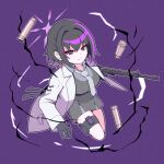  1girl assault_rifle black_gloves black_hair blue_archive breasts bullet coat dress_over_shirt from_above gloves grey_necktie grey_shirt gun h&amp;k_hk33 halo highres holding holding_weapon holster looking_at_viewer medium_breasts mononobe_nekuro necktie partially_open_shirt purple_background purple_eyes purple_halo rifle shirt short_braid short_hair simple_background solo subaru_(blue_archive) thigh_holster weapon white_coat 