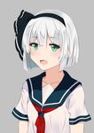  absurdres alternate_costume bad_id bad_pixiv_id collarbone fang green_eyes grey_background hair_ribbon highres konpaku_youmu looking_at_viewer neckerchief open_mouth puririn ribbon school_uniform serafuku short_hair short_sleeves silver_hair simple_background solo touhou upper_body 