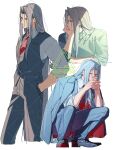  1boy black_shoes blue_eyes blue_shirt collared_shirt commentary_request final_fantasy final_fantasy_vii grey_jacket grey_pants highres interlocked_fingers jacket jacket_on_shoulders long_hair looking_to_the_side male_focus necktie pants red_necktie sephiroth shirt shoes squatting turtleneck turtleneck_shirt very_long_hair white_hair white_shirt yunyunonigiri 