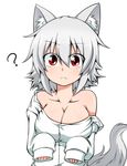  :&lt; ? animal_ears bad_id bad_nicoseiga_id blush breasts cleavage collarbone collared_shirt frown inubashiri_momiji katsumi5o large_breasts looking_at_viewer off_shoulder paw_pose red_eyes shirt short_hair silver_hair sleeves_past_wrists solo tail touhou wide-eyed wolf_ears wolf_tail 