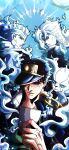  3boys absurdres artist_name black_hair black_hat closed_mouth dog english_commentary hat highres holding holding_photo iggy_(jojo) jojo_no_kimyou_na_bouken kakyoin_noriaki kujo_jotaro looking_at_another looking_at_object looking_back male_focus mohammed_avdol multiple_boys noonvincent photo_(object) smile spirit stardust_crusaders 