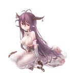  antenna_hair bandages black_gloves black_hair breasts cleavage danua draph dress gloves granblue_fantasy hair_between_eyes horns jewelry large_breasts long_hair looking_at_viewer necklace po_ni pointy_ears red_eyes solo 