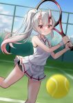  1girl ak13077 ball black_shorts black_trim blue_sky blurry blurry_background chain-link_fence closed_mouth collarbone commentary_request costume_request feet_out_of_frame fence gradient_hair high_ponytail highres holding holding_tennis_racket hololive horns leg_up long_hair looking_at_viewer motion_blur multicolored_hair nakiri_ayame oni outdoors pleated_skirt ponytail racket red_eyes red_hair red_trim shorts skirt sky smile solo split_mouth streaked_hair tank_top tennis tennis_ball tennis_court tennis_racket v-shaped_eyebrows virtual_youtuber white_hair white_skirt white_tank_top 