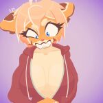 4_fingers ahoge airplane_ears angry animated blue_eyes breast_squish breasts brown_markings brown_stripes cleavage clothed clothing collarbone countershading cross-popping_vein drawstring_topwear eyebrows eyelashes felid female fingers fragola_(selfdestructking) fur hair hi_res highlights_(coloring) hoodie long_eyelashes loop mammal markings orange_body orange_fur pantherine pink_hair red_clothing red_topwear selfdestructking sharp_teeth short_hair solo squish stripes teeth tiger topwear white_highlights white_sclera zipper