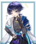  1boy :p absurdres akanbe animal_print arm_at_side armor belt bird_print black_belt black_bodysuit black_bow black_hair black_shorts blue_border blue_cape blue_kimono blue_sleeves blunt_ends bodysuit border bow bridal_gauntlets bright_pupils cape choppy_bangs clothing_cutout colored_inner_hair commentary_request covered_collarbone drop_shadow eyelid_pull eyeliner feathers finger_to_eye furisode genshin_impact gold_ring gold_trim grey_bridal_gauntlets hakama hakama_shorts hand_on_own_hip hand_up highres hip_vent index_finger_raised japanese_armor japanese_clothes juban kasakasa816 kimono kote kurokote layered_sleeves makeup male_focus mandarin_collar middle_ring multicolored_hair notice_lines one_eye_closed open_clothes open_kimono pom_pom_(clothes) purple_eyes purple_hair purple_sash red_eyeliner sash scaramouche_(genshin_impact) short_sleeves shorts shoulder_peek side_cape solo star_(symbol) tassel tongue tongue_out tsurime upper_body wanderer_(genshin_impact) white_background white_border white_kimono white_pupils white_sleeves white_trim yellow_feathers 