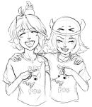  >_< 2girls animal_on_head antenna_hair bird bird_on_head character_request closed_eyes clothes_writing cropped_torso eyelashes fake_horns fangs fraiki_(vtuber) greyscale hand_on_another's_shoulder hat highres horned_headwear horns indie_virtual_youtuber living_clothes matching_outfits meme monochrome mouse_(animal) multiple_girls on_head open_mouth pogchamp_(meme) pointing pointing_at_another shirt short_hair short_sleeves sketch smile t-shirt teeth virtual_youtuber xc_ouma 