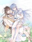  2boys :d ahoge angel_wings barefoot bead_necklace beads blue_eyes blue_gem blue_hair blue_sky blush braid brown_hair carrying chest_harness closed_eyes closed_mouth clothing_cutout cloud crystal_necklace earrings edmond_(nu_carnival) eiden_(nu_carnival) flying forest gem gladiator_sandals hair_between_eyes halterneck harness head_wings highres hip_vent jewelry long_hair lower_teeth_only male_focus messy_hair multiple_boys nature necklace nipples nu_carnival official_alternate_costume official_alternate_hairstyle outdoors pectoral_cleavage pectorals princess_carry sandals sash see-through_clothes see-through_shawl shawl side_slit silver_earrings silver_necklace sky smile teeth toned toned_male transparent_wings tunic very_long_hair vine_print white_tunic white_wings wings wolf_cut yaoi yellow_sash your_yanjiu 