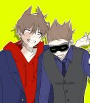  2boys animification annoyed arm_around_shoulder bad_id bad_twitter_id black_necktie black_vest blue_coat blue_shirt brown_hair burn_scar coat collared_shirt commentary drawstring eddsworld eye_contact flipped_hair future_tom_(eddsworld) grey_eyes grin hair_ears head-mounted_display heterochromia highres hood hood_down hoodie kupot lcd long_sleeves looking_at_another male_focus military_coat multiple_boys necktie open_clothes open_coat open_mouth red_hoodie red_leader_(eddsworld) scar shirt short_hair simple_background smile spiked_hair tom_(eddsworld) tord_(eddsworld) upper_body vest white_eyes yellow_background 