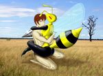  abdomen abs antennae anthro anthrofied beedrill breasts brown_eyes brown_hair claws duo female hair hug human human_on_anthro interspecies kneeling leg_wrap male male/female mammal nintendo nude outside plains pok&eacute;mon pok&eacute;morph pok&eacute;philia raptorsr red_eyes smile stinger video_games wings 