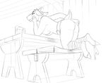  alcohol astri belt beverage butt caprine clothing female goat hooves horn inside leg_wraps looking_at_viewer mammal monochrome nude panties presenting siyah sketch table tavern thick_thighs underwear 