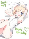  2014 animal_ears bare_legs blonde_hair blue_eyes bunnysuit dated erica_hartmann fake_animal_ears happy_birthday looking_at_viewer lying on_back one_eye_closed short_hair simple_background solo strike_witches tsuchii_(ramakifrau) white_background world_witches_series wrist_cuffs 