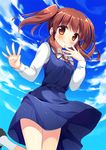  brown_eyes brown_hair cloud day dress hand_to_own_mouth idolmaster idolmaster_cinderella_girls looking_at_viewer ogata_chieri schoolgirl_wear_(idolmaster) short_hair sky smile solo suimya wind wind_lift 