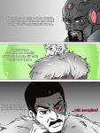  3boys angstrom_levy argall_(invincible) bald black_hair brown_eyes cloak dark-skinned_male dark_skin english_commentary english_text facial_hair fur-trimmed_cloak fur_trim goatee highres invincible_(series) looking_at_viewer multiple_boys mustache partially_colored red_eyes scar scar_on_face selverna short_hair teeth thragg_(invincible) veins viltrumite white_hair 