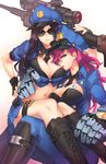  2girls between_breasts black_gloves black_hair blue_eyes breast_pillow breasts caitlyn_(league_of_legends) cleavage commentary earrings fingerless_gloves ge-b gloves gradient_background hat highres jewelry large_breasts league_of_legends long_hair looking_at_viewer midriff multiple_girls navel necktie necktie_between_breasts nose_piercing officer_caitlyn officer_vi piercing pink_hair police police_hat police_uniform policewoman short_necktie simple_background smile thigh_strap uniform vi_(league_of_legends) white_background yuri 