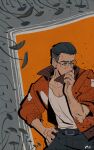  1boy absurdres adskylark beard_stubble black_hair bomber_jacket buzz_cut covering_own_mouth cowboy_shot disco_elysium doorway facial_hair hand_on_own_hip highres jacket kim_kitsuragi looking_to_the_side male_focus mushroom orange_jacket round_eyewear shirt short_hair solo stubble very_short_hair white_shirt 