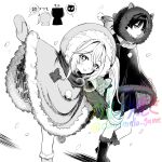  1boy 1girl animal_ear_hood animal_ears aranara_(genshin_impact) blunt_ends blush boots caramelo_game cat_ears cloak commentary_request cross-shaped_pupils eyelashes fringe_trim fur-trimmed_boots fur-trimmed_cloak fur-trimmed_hood fur_trim genshin_impact greyscale highres hood hood_up hooded_cloak long_hair looking_at_viewer mittens monochrome nahida_(genshin_impact) official_alternate_costume open_mouth outdoors outstretched_arms parted_lips pom_pom_(clothes) scaramouche_(genshin_impact) scarf shorts side_ponytail sidelocks snow speech_bubble spread_arms symbol-shaped_pupils twitter_username watermark white_background wispy_bangs 
