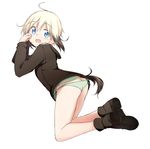  ass black_hair blonde_hair blue_eyes blush boots erica_hartmann flat_ass from_side full_body kneeling looking_at_viewer military military_uniform multicolored_hair simple_background solo strike_witches tail tsuchii_(ramakifrau) two-tone_hair uniform white_background world_witches_series 