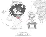  5girls blush_stickers bouquet bridal_veil closed_eyes deformed dress full_body greyscale hakurei_reimu happy hat height_difference hinanawi_tenshi holding holding_bouquet holding_needle japanese_clothes jitome kijin_seija kimono kirisame_marisa kiwi_(x_x915) korean_text long_hair looking_at_another mini_person minigirl monochrome multicolored_hair multiple_girls needle on_stool open_mouth peach_hat_ornament short_hair simple_background small_horns smile spot_color standing stool streaked_hair string string_of_fate sukuna_shinmyoumaru touhou translation_request uchikake unhappy veil wedding wedding_dress white_background yuri 