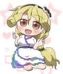  1girl :d black_hairband blonde_hair blush brown_eyes chibi chibi_only commentary_request dot_nose dress full_body hairband hands_up highres long_hair open_mouth rokugou_daisuke short_sleeves signature smile solo touhou watari_nina white_dress 