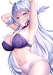  1girl absurdres alternate_costume armpits arms_behind_head blue_eyes blue_hair blush bra breasts chinese_commentary cleavage closed_mouth commentary_request earrings facial_mark from_side green_eyes hair_between_eyes hamiyamiko head_wings highres honkai:_star_rail honkai_(series) jewelry lace-trimmed_panties lace_trim large_breasts long_hair looking_at_viewer multicolored_eyes navel panties panties_under_pantyhose pantyhose purple_bra robin_(honkai:_star_rail) simple_background smile stomach underwear very_long_hair white_background white_pantyhose wings 