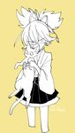  cat cropped_legs holding japanese_clothes l_hakase looking_at_viewer lowres male_focus monochrome sayo_samonji simple_background solo touken_ranbu yellow_background 