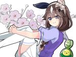  1girl animal_ears braid budew closed_mouth commentary_request curren_bouquetd'or_(umamusume) flower grey_eyes hair_between_eyes hair_ornament hairband horse_ears horse_girl long_hair looking_at_viewer low_twin_braids own_hands_together pokemon pokemon_(creature) school_uniform simple_background smile thighhighs twin_braids umamusume white_background yamtwtw_osada 