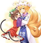  animal_ears blonde_hair blush brown_hair cat_ears chen fang hat hug long_sleeves multiple_girls multiple_tails pillow_hat short_hair smile tabard tail tassel touhou two_tails wide_sleeves yakumo_ran yellow_eyes yuki_(siroikona) 