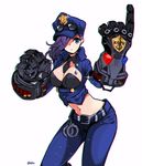  belt between_breasts breasts cleavage cuffs detached_collar eyewear_on_head gauntlets hair_over_one_eye handcuffs jorin large_breasts league_of_legends long_hair midriff navel necktie necktie_between_breasts officer_vi police police_uniform purple_eyes purple_hair short_necktie solo sparkle sunglasses tattoo uniform vi_(league_of_legends) white_background worried 