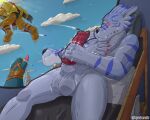  2026 3_toes 5:4 5_fingers animal_genitalia animal_penis anthro armor artist_name balls bandai_namco bed belt biped blue_body blue_fur blue_markings blush blush_lines body_armor brass_knuckles bulge bunk_bed butt canid canine canine_genitalia canine_penis claw_(weapon) claws clothing cloud codpiece detailed_background detailed_bulge digimon digimon_(species) digital_drawing_(artwork) digital_media_(artwork) dormitory dragon duo ear_piercing erection explosion eyes_closed feet finger_claws fingers flying fur furniture gauntlets genital_outline genitals gloves hair hand_on_chest hand_on_own_penis hand_on_penis handwear headgear helmet hi_res horn horned_helmet knot knotted_penis looking_at_another looking_at_butt looking_pleasured low-angle_view lying male mammal markings masturbation melee_weapon missile motion_lines multicolored_body multicolored_fur muscular muscular_anthro muscular_male mythological_creature mythological_scalie mythology neck_tuft nude nude_anthro nude_male on_back orange_body orange_scales pauldron penile penile_masturbation penis penis_outline piercing purple_claws red_hair remembering running ryudorubr scales scalie scar schynbalds shaded sharp_teeth sigh signature sky skyscape solo_focus tassets teeth text three-quarter_view toe_claws toes tuft uppercut upside_down_penis vein veiny_penis wargreymon weapon weregarurumon white_body white_fur wind worm's-eye_view 