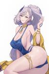  1girl bare_shoulders blue_eyes bracelet braid braided_bangs breasts cleavage commentary earrings english_commentary feather_hair_ornament feathers green_eyes grey_hair hair_ornament highres hololive hololive_indonesia jewelry kurodai711 large_breasts long_hair looking_at_viewer necklace pavolia_reine shiny_skin sideboob simple_background smile solo thighs virtual_youtuber white_background 