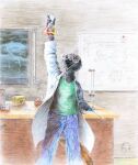2005 anthro avian bird blue_bottomwear blue_clothing blue_jeans blue_pants bottomwear cc-by-nc-sa clothing coat corvid corvus_(genus) creative_commons denim denim_bottomwear denim_clothing erlenmeyer_flask green_clothing green_shirt green_topwear hazard_symbol holding_flask jeans lab_coat laboratory_equipment laboratory_glassware oscine pants passerine raven scientific_instrument shirt symbol tagme topwear traditional_media_(artwork) unicorn_(artist) whiteboard