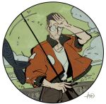  1boy adskylark beard_stubble bomber_jacket cigarette circle commentary cowboy_shot disco_elysium dutch_angle english_commentary facial_hair fish fishing_rod hand_on_own_forehead hand_up highres holding holding_fishing_rod jacket kim_kitsuragi male_focus orange_jacket round_eyewear serious shirt solo stubble white_shirt 