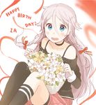  asymmetrical_legwear black_legwear blue_eyes blush braid character_name choker hair_between_eyes hair_ribbon happy_birthday ia_(vocaloid) kana_(okitasougo222) kneehighs long_hair off-shoulder_shirt open_mouth red_ribbon ribbon shirt silver_hair single_kneehigh single_thighhigh solo thighhighs twin_braids vocaloid 