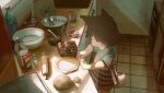  1boy animal_ears animal_nose apron baking_sheet bottle bowl brown_apron child commentary cooking counter dog_boy dog_ears dog_tail dough egg english_commentary film_grain furry furry_male highres indoors kitchen male_focus measuring_cup original profile rolling_pin slice_of_life solo standing sykana tail whisk 