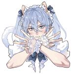  1boy alternate_costume alternate_hairstyle animal_ears black_bow black_bowtie black_ribbon blue_eyes blue_hair blush bow bowtie cat_boy cat_ears cat_tail commentary_request cropped_shoulders crossdressing crossdressing_(mtf) crossed_wrists edmond_(nu_carnival) embarrassed fake_animal_ears fang frilled_wrist_cuffs frills hair_between_eyes hair_ribbon hands_up lace_wrist_cuffs long_hair looking_at_viewer maid maid_headdress male_focus male_maid nu_carnival open_mouth puffy_short_sleeves puffy_sleeves ribbon short_sleeves simple_background solo tail tearing_up twintails v-shaped_eyebrows white_background white_wrist_cuffs wrist_cuffs your_yanjiu 