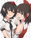  background_text bare_shoulders black_hair blush bow brown_eyes brown_hair detached_sleeves hair_bow hair_ornament hair_tubes hakurei_reimu hand_on_another's_face hat long_sleeves looking_at_another multiple_girls open_mouth parted_lips pointy_ears puffy_sleeves red_eyes sarashi shameimaru_aya shirt short_sleeves string sweat teeth text_focus tokin_hat touhou toujou_(toujou_ramen) 
