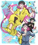  3boys abe_riko beanie bicycle black-framed_eyewear black_hair black_hat black_shirt blue_jumpsuit blush braid commentary_request danganronpa_(series) danganronpa_2:_goodbye_despair danganronpa_3_(anime) dated earrings full_body glasses grey_eyes hand_on_own_hip happy_birthday hat highres holding holding_screwdriver holding_wrench index_fingers_together jewelry jumpsuit long_sleeves male_focus medium_hair multiple_boys multiple_persona nut_(hardware) official_alternate_costume official_alternate_hair_color official_alternate_hairstyle open_mouth pink_eyes pink_hair pink_socks screw screwdriver sharp_teeth shirt shoelaces shoes short_hair single_braid smile socks soda_kazuichi sweatdrop teeth upper_body upper_teeth_only wrench yellow_jumpsuit yellow_shoes zipper 