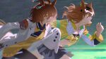  2girls agnes_tachyon_(tach-nology)_(umamusume) agnes_tachyon_(umamusume) ahoge animal_ears bandeau black_necktie black_pantyhose brown_eyes brown_hair coat commentary english_commentary grin highres horse_ears horse_girl horse_tail jacket jungle_pocket_(champion's_battle_cry)_(umamusume) jungle_pocket_(umamusume) midriff multicolored_hair multiple_girls navel necktie open_clothes open_coat open_jacket pantyhose red_eyes running shi_draco short_hair short_necktie sleeves_past_fingers sleeves_past_wrists smile streaked_hair sweater tail twitter_username umamusume umamusume:_beginning_of_a_new_era white_coat white_streaks yellow_bandeau yellow_jacket yellow_sweater 