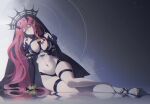  1girl baobhan_sith_(fate) baobhan_sith_(second_ascension)_(fate) bare_shoulders black_panties bracelet breasts bridal_gauntlets commentary detached_sleeves earrings fate/grand_order fate_(series) full_body gradient_background grey_eyes high_heels highres hoop_earrings jewelry large_breasts long_hair navel panties pink_hair pointy_ears revealing_clothes revision sidelocks sitting solo spiked_bracelet spikes thigh_strap thorn_(kmconceptart) tiara underwear veil 