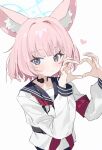  1girl black_sailor_collar blue_archive blue_eyes blue_halo blunt_bangs halo heart heart_hands highres looking_at_viewer measho neckerchief niko_(blue_archive) pink_hair red_neckerchief sailor_collar school_uniform serafuku shirt simple_background smile solo white_background white_shirt 