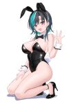  1girl :d animal_ear_hairband animal_ears aqua_hair black_bow black_bowtie black_hair black_leotard bow bowtie braid braided_bangs breasts cleavage colored_inner_hair commentary_request detached_collar emyu_b fake_animal_ears fake_tail full_body hairband hand_up high_heels highleg highleg_leotard hololive hololive_dev_is kneeling large_breasts leotard looking_at_viewer medium_hair multicolored_hair open_mouth playboy_bunny purple_streaks rabbit_ear_hairband rabbit_ears rabbit_tail red_eyes rindo_chihaya simple_background smile solo strapless strapless_leotard streaked_hair swept_bangs tail traditional_bowtie virtual_youtuber waving white_background white_streaks wrist_cuffs 