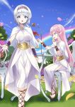  2girls blush breasts bush commentary_request dress flower garden greco-roman_clothes grey_hair hair_between_eyes hair_ornament hairband isekai_wa_smartphone_to_tomo_ni. large_breasts linse_shileska long_hair long_sleeves looking_at_viewer multiple_girls open_mouth original outdoors pink_eyes pink_flower pink_hair plant pointy_ears rainbow rose_bush sakura_(isekai_wa_smartphone_to_tomo_ni.) scenery short_hair skirt smile standing usatsuka_eiji white_dress 