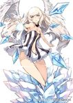  angel_wings bare_legs blue_eyes center_opening dress hair_ornament ice keypot long_hair looking_at_viewer million_chain official_art outstretched_arms short_dress silver_hair simple_background solo strapless strapless_dress very_long_hair white_background wings 