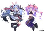  2girls ahoge animal_ear_piercing animal_ears arm_warmers asymmetrical_legwear black_bow black_bowtie black_bra black_choker black_collar black_hair black_leg_warmers black_shoes black_thighhighs black_wings blue_eyes blue_hair bow bowtie bra bra_over_clothes brooch cargo_pants center-flap_bangs center_frills choker clothing_cutout collar colored_inner_hair commentary_request copyright_notice cropped_shirt fishnet_socks fishnets frilled_shirt frilled_skirt frills full_body gradient_hair gun hair_bow hair_intakes hair_ribbon handgun hands_up holding holding_gun holding_weapon hololive hololive_dev_is jewelry kikirara_vivi kikirara_vivi_(1st_costume) kneehighs leg_warmers long_hair looking_at_viewer makeup_brush mini_wings miniskirt mismatched_legwear multicolored_hair multiple_girls o-ring o-ring_thigh_strap official_art open_mouth orange_eyes outstretched_arm pants pink_hair platform_shoes purple_arm_warmers purple_hair purple_pants purple_skirt purple_socks rabbit-shaped_pupils rabbit_ears rabbit_girl ribbon shirt shoes short_eyebrows shoulder_cutout simple_background skirt socks spiked_collar spikes star-shaped_pupils star_(symbol) symbol-shaped_pupils thick_eyebrows thigh_cutout thigh_strap thighhighs trigger_discipline tsukimori_mochi twintails two-tone_hair underbust underwear usada_pekora usada_pekora_(punk_angel) very_long_hair virtual_youtuber weapon white_background white_shirt white_skirt wings 