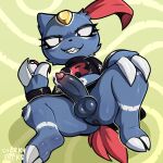 1:1 2026 2_fingers 2_toes anthro anus artist_name balls biped black_bottomwear black_clothing black_eyebrows black_nose black_short black_skirt black_thong black_underwear blue_anus blue_balls blue_body blue_fur blue_penis bodily_fluids bottomwear claw_fingers claws clothed clothed_anthro clothed_male clothing clothing_aside digital_media_(artwork) dripping erection eyebrows eyelashes feet fingers forehead_gem fully_clothed fully_clothed_anthro fully_clothed_male fur gem generation_2_pokemon genital_fluids genitals glans glistening glistening_balls glistening_clothing glistening_eyes glistening_genitalia glistening_glans glistening_penis glistening_underwear hand_on_knee hand_on_leg hand_on_own_knee hand_on_own_leg hi_res holding_object holding_pokeball humanoid_genitalia humanoid_penis leg_markings long_sleeve_shirt long_sleeves looking_at_viewer male male_anthro markings mismatched_genitalia mismatched_humanoid_penis mismatched_penis navel nintendo nipple_outline penis pink_glans pokeball pokemon pokemon_(species) precum precum_drip print_clothing print_shirt print_topwear print_underwear red_eyes red_tail shaft_divide sharkysocks sharp_teeth shirt skirt smile smiling_at_viewer sneasel solo spread_legs spreading tail team_rocket teeth text thong thong_aside toe_claws toes topwear underwear underwear_aside white_markings yellow_gem