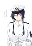  female_admiral_(kantai_collection) gloves hat highres kantai_collection long_hair military military_uniform naval_uniform niwatazumi solo tatebayashi_sakurako translated uniform 